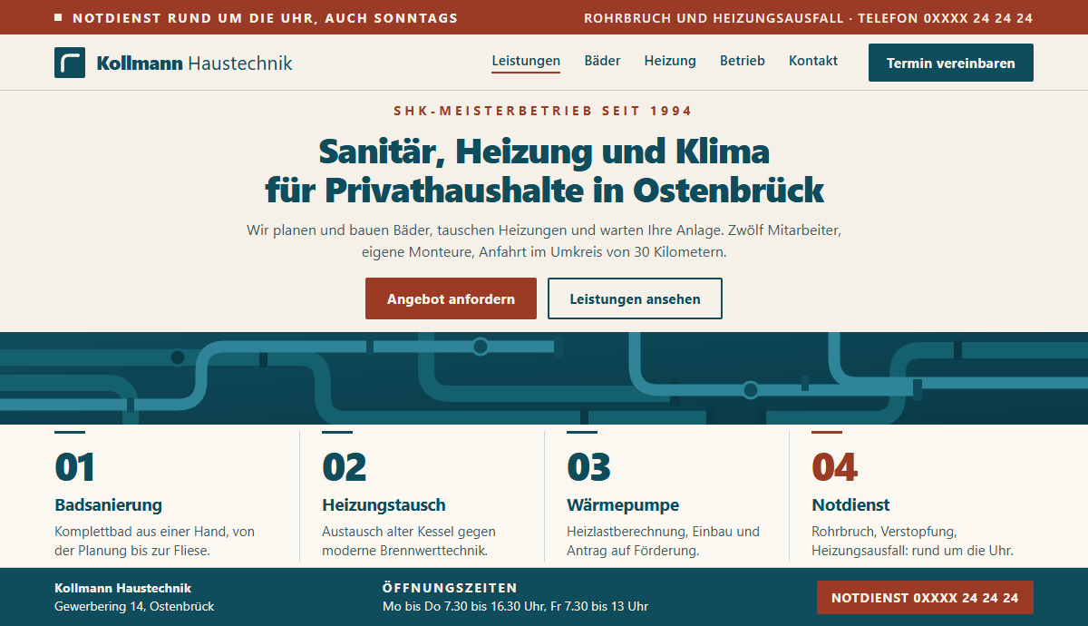 Beispiel-Startseite einer Website für Sanitär, Heizung und Klima