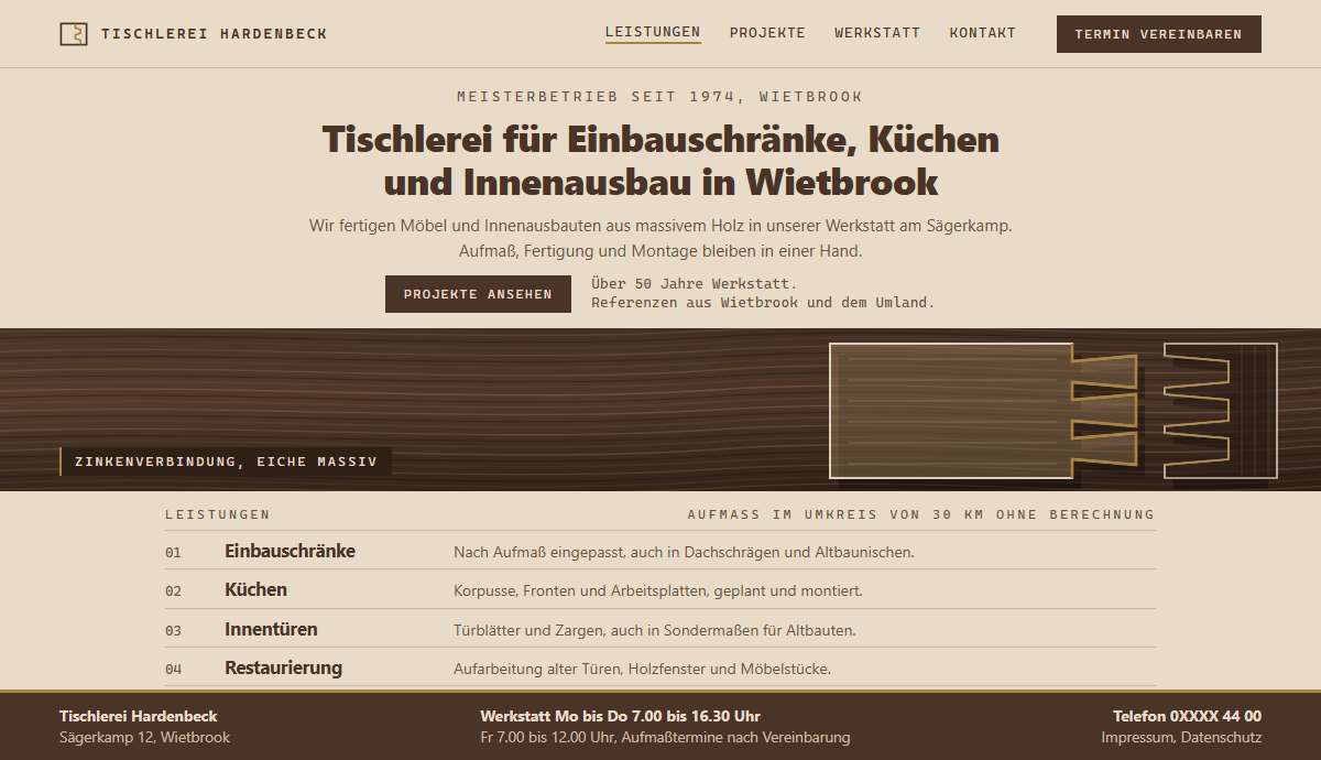 Beispiel-Startseite einer Tischler-Website