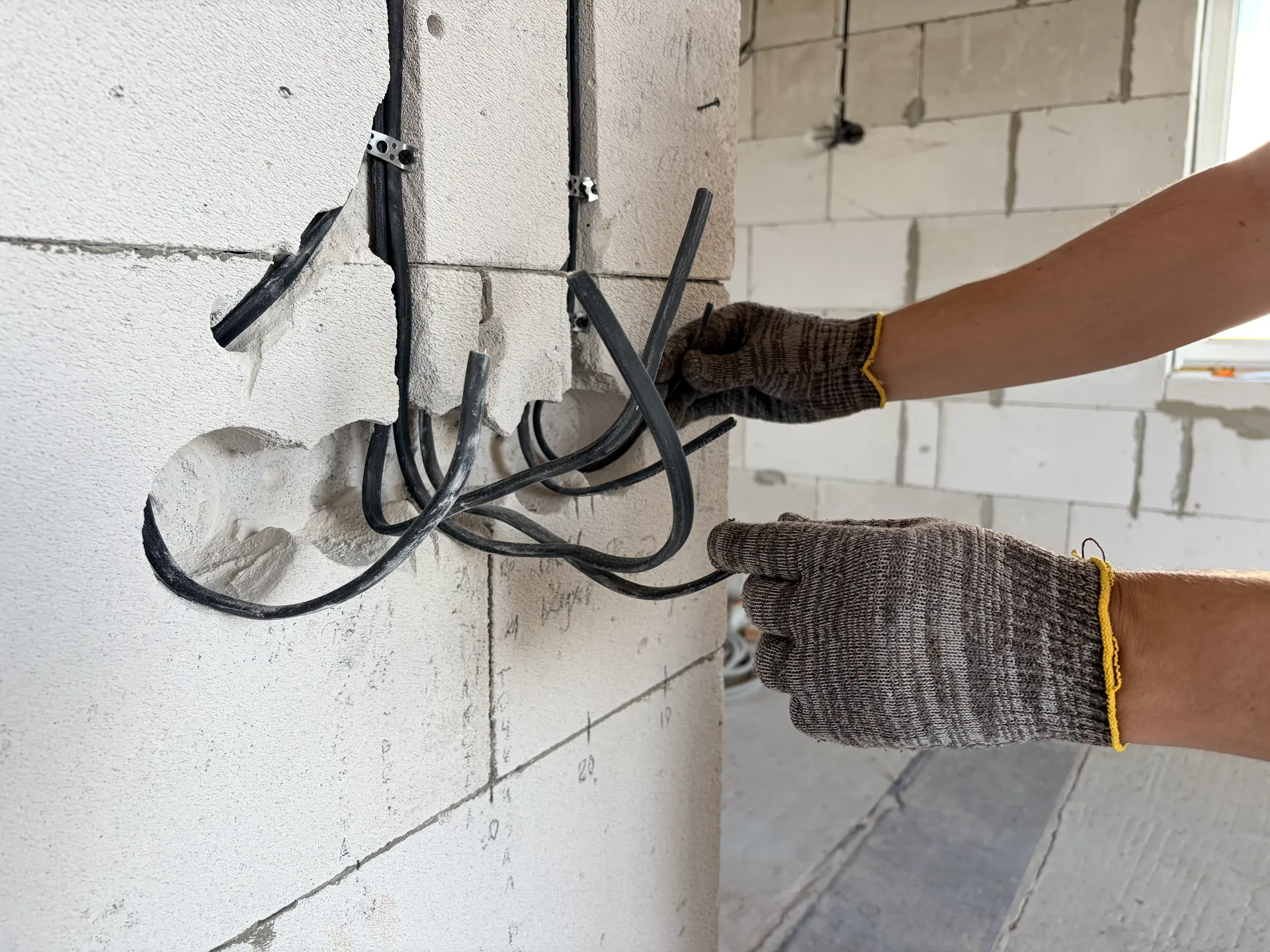 Elektriker zieht Leitungen durch gefräste Schlitze im Rohbau